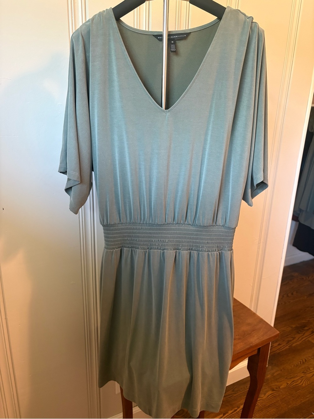 White House Black Market Sage Green V-Neck Smocked-Waist Mini Dress